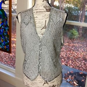 Via Condotti Silk Silver Beaded Vest SZ: Medium Metallic